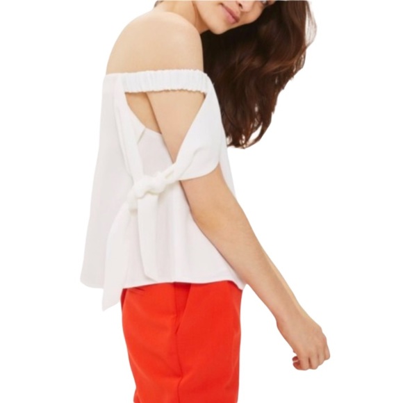 NEW ✨TOPSHOP IVORY BARDOT TIE SLEEVE TOP NWT - Picture 2 of 8